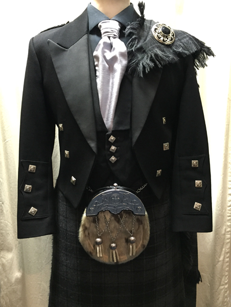 Black Prince Charlie jacket and waist coat with gray highlander tartan | Houston