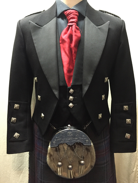Black Prince Charlie jacket and vest with gray stewart tartan | Kilbarchan